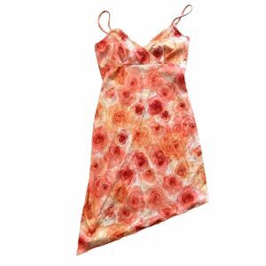 Vintage Y2K CANDY ROCKET Orange Rose Digital Floral Asymmetrical Slip Dress Sz L